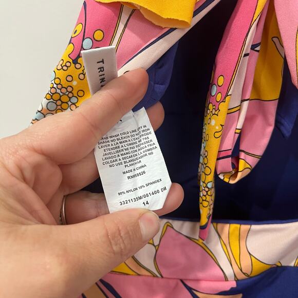 Trina Turk Floral Ruffle One Piece Swimsuit Navy Wire Free Size 14 Resort Vacay - Picture 8 of 9